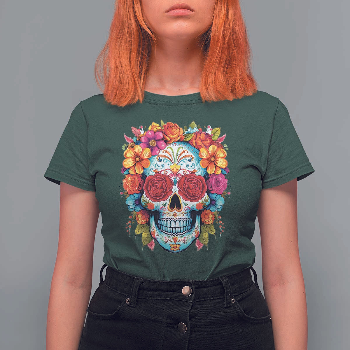 Day Of The Dead T Shirt For Women Sugar Skull Dia De Los Muertos Halloween Rose Flowers - Wonder Print Shop