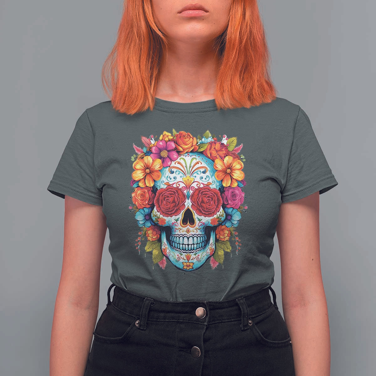 Day Of The Dead T Shirt For Women Sugar Skull Dia De Los Muertos Halloween Rose Flowers - Wonder Print Shop