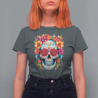 Day Of The Dead T Shirt For Women Sugar Skull Dia De Los Muertos Halloween Rose Flowers - Wonder Print Shop