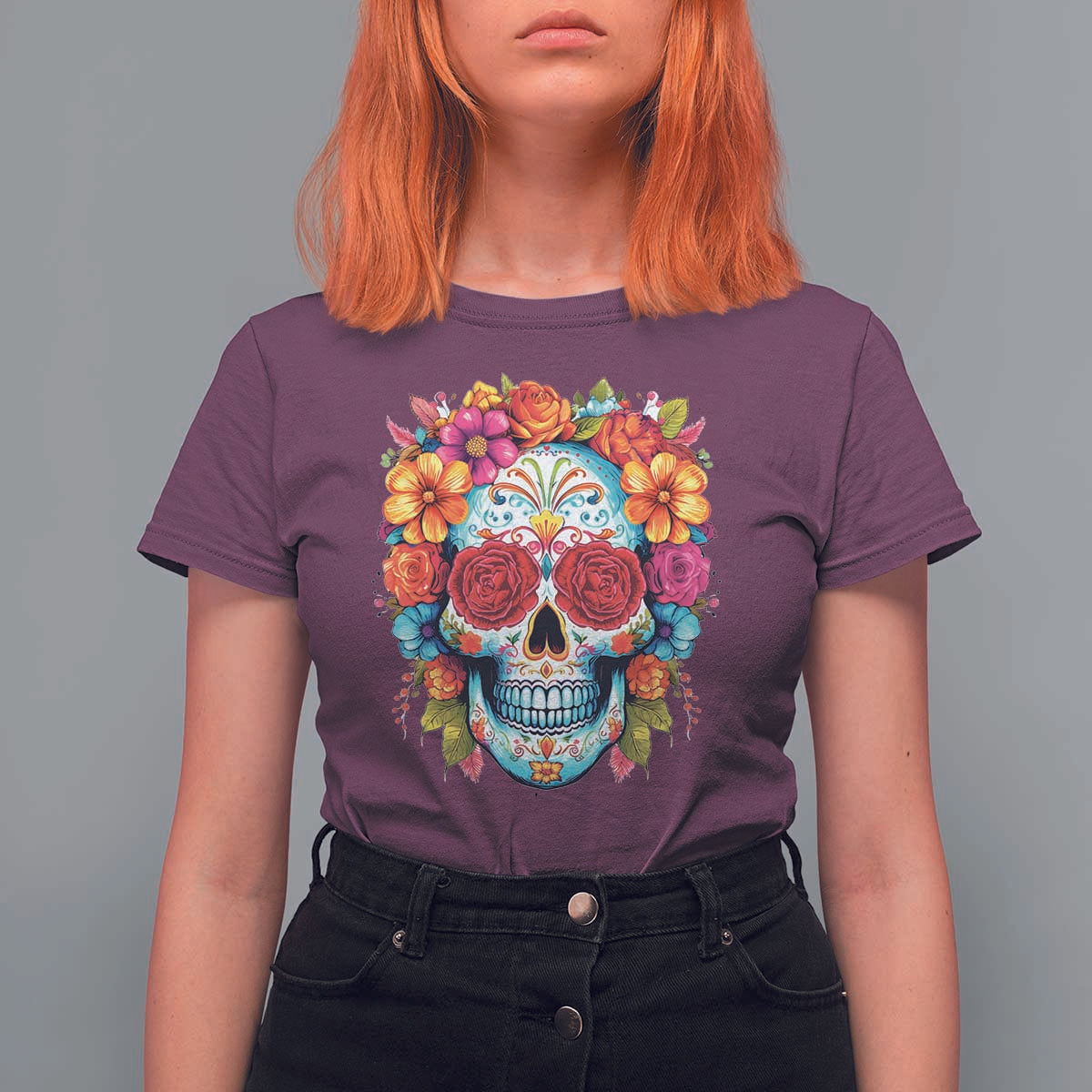 Day Of The Dead T Shirt For Women Sugar Skull Dia De Los Muertos Halloween Rose Flowers - Wonder Print Shop