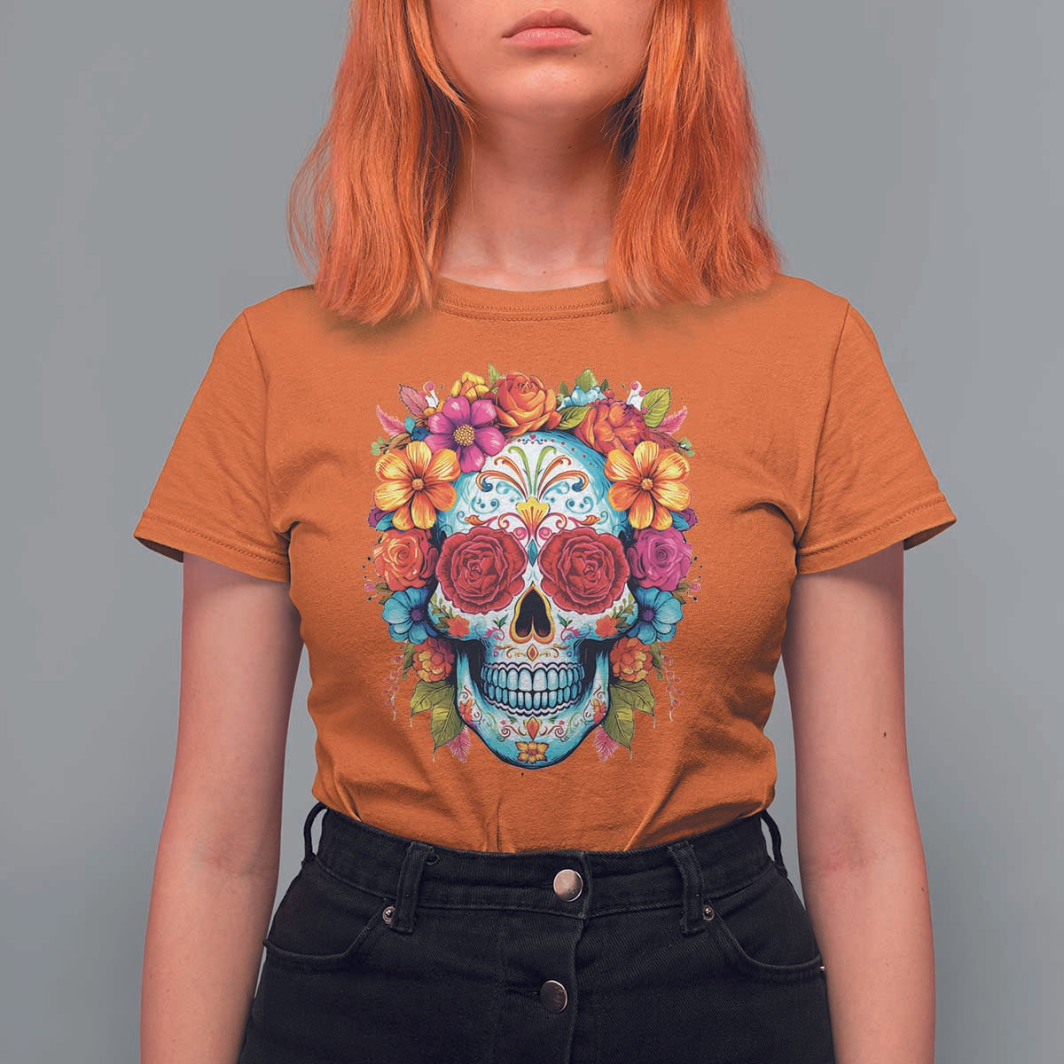 Day Of The Dead T Shirt For Women Sugar Skull Dia De Los Muertos Halloween Rose Flowers - Wonder Print Shop
