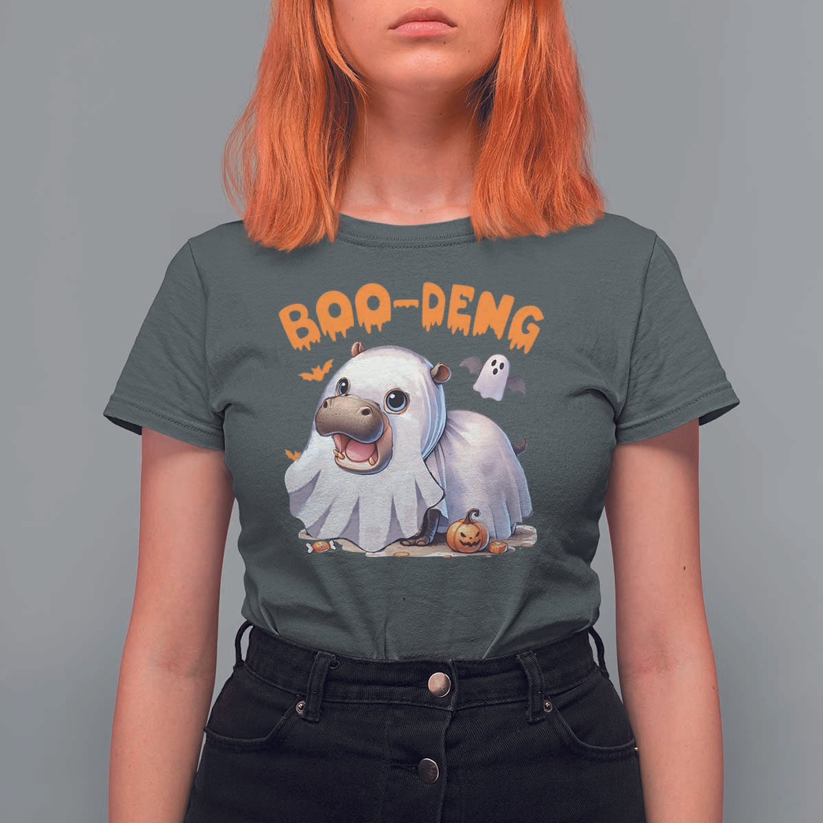 Funny Moo Deng T Shirt For Women Boo Deng Cute Hippo Zoo Meme Baby Pygmy Halloween - Wonder Print Shop