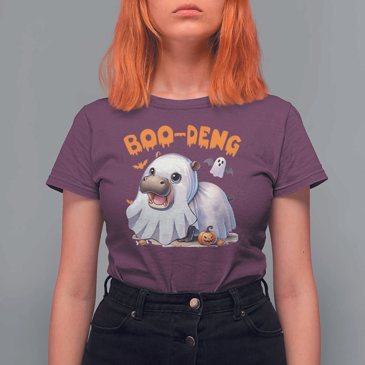 Funny Moo Deng T Shirt For Women Boo Deng Cute Hippo Zoo Meme Baby Pygmy Halloween - Wonder Print Shop