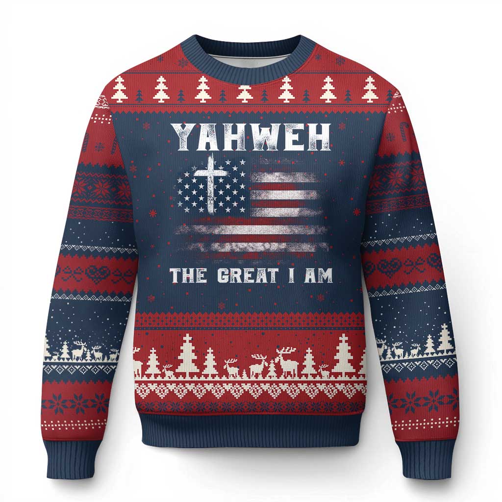 Yahweh The Great I Am Christian Faith Ugly Christmas Sweater Vintage American Flag - Wonder Print Shop