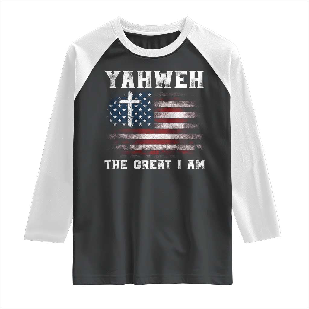 Yahweh The Great I Am Christian Faith Raglan Shirt Vintage American Flag - Wonder Print Shop