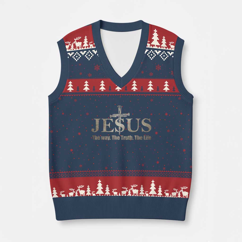 Jesus The Way The Truth The Life V-Neck Knit Sweater Vest Christian Cross Nails - Wonder Print Shop