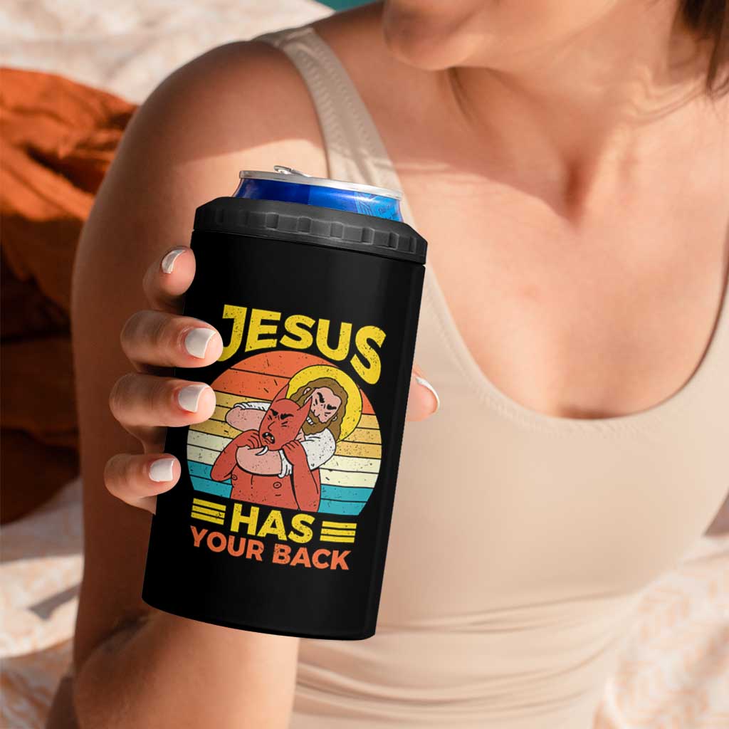 Funny Jesus Has Your Back 4 in 1 Can Cooler Tumbler Jiu Jitsu Retro Christian - Wonder Print Shop
