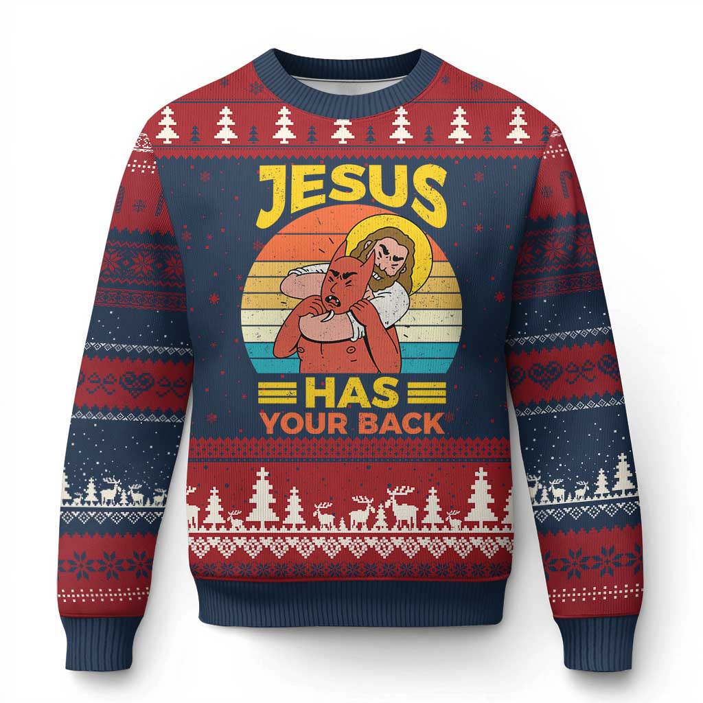Funny Jesus Has Your Back Ugly Christmas Sweater Jiu Jitsu Retro Christian - Wonder Print Shop