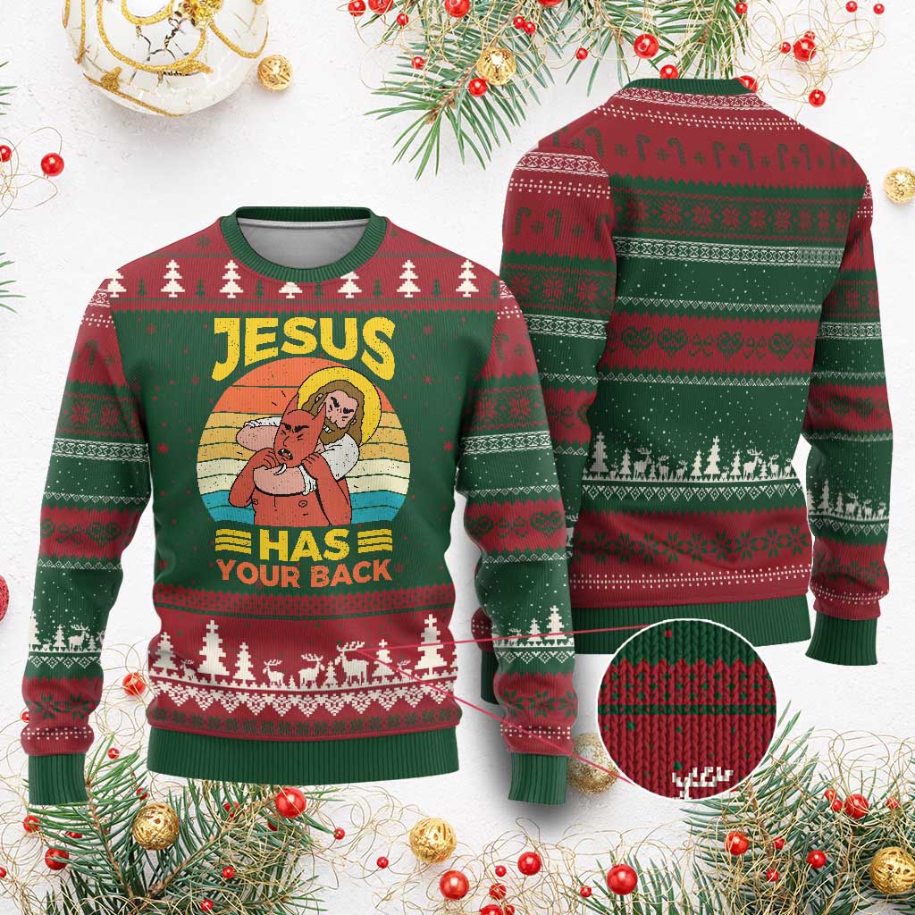 Funny Jesus Has Your Back Ugly Christmas Sweater Jiu Jitsu Retro Christian - Wonder Print Shop