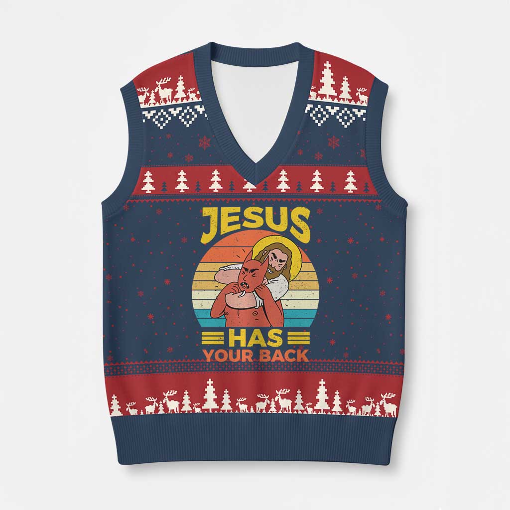 Funny Jesus Has Your Back V-Neck Knit Sweater Vest Jiu Jitsu Retro Christian - Wonder Print Shop