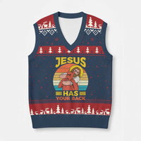 Funny Jesus Has Your Back V-Neck Knit Sweater Vest Jiu Jitsu Retro Christian - Wonder Print Shop