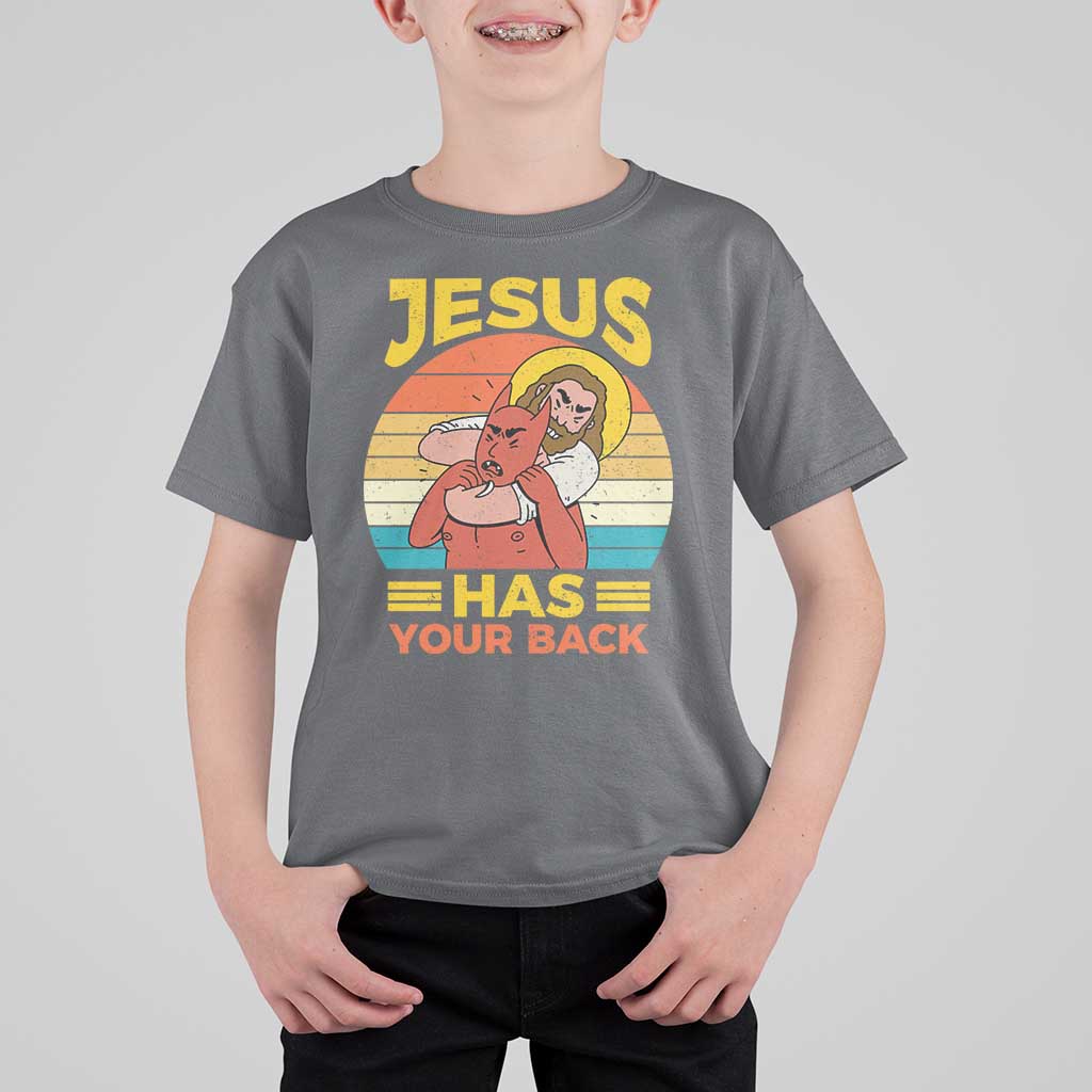 Funny Jesus Has Your Back T Shirt For Kid Jiu Jitsu Retro Christian - Wonder Print Shop