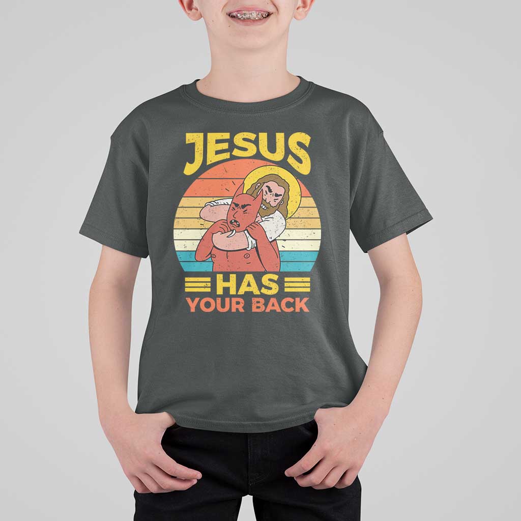 Funny Jesus Has Your Back T Shirt For Kid Jiu Jitsu Retro Christian - Wonder Print Shop