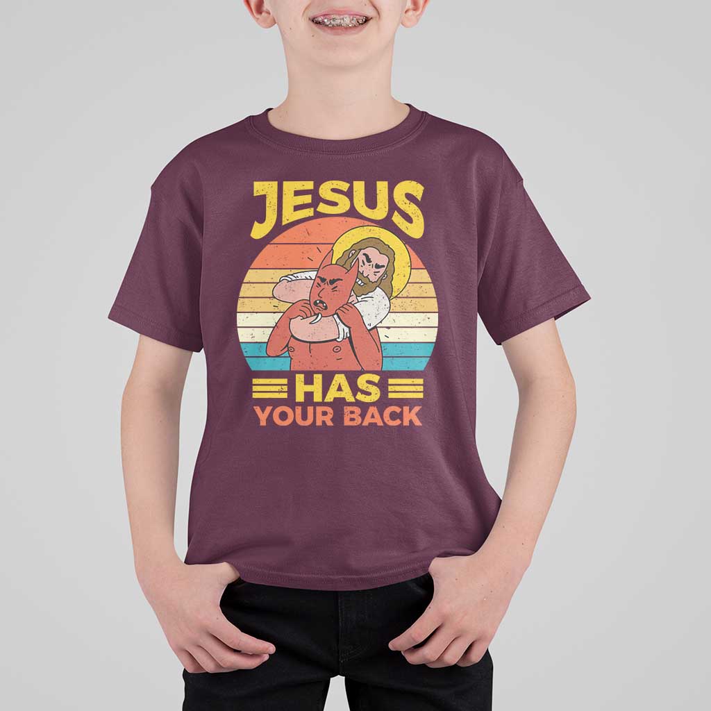 Funny Jesus Has Your Back T Shirt For Kid Jiu Jitsu Retro Christian - Wonder Print Shop