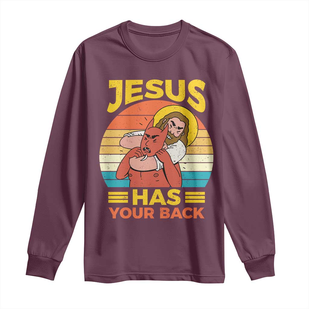 Funny Jesus Has Your Back Long Sleeve Shirt Jiu Jitsu Retro Christian - Wonder Print Shop