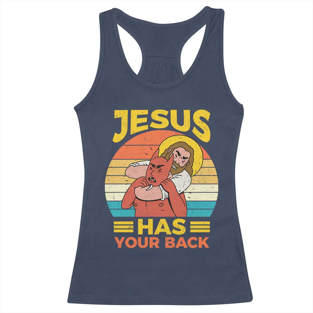 Funny Jesus Has Your Back Racerback Tank Top Jiu Jitsu Retro Christian - Wonder Print Shop