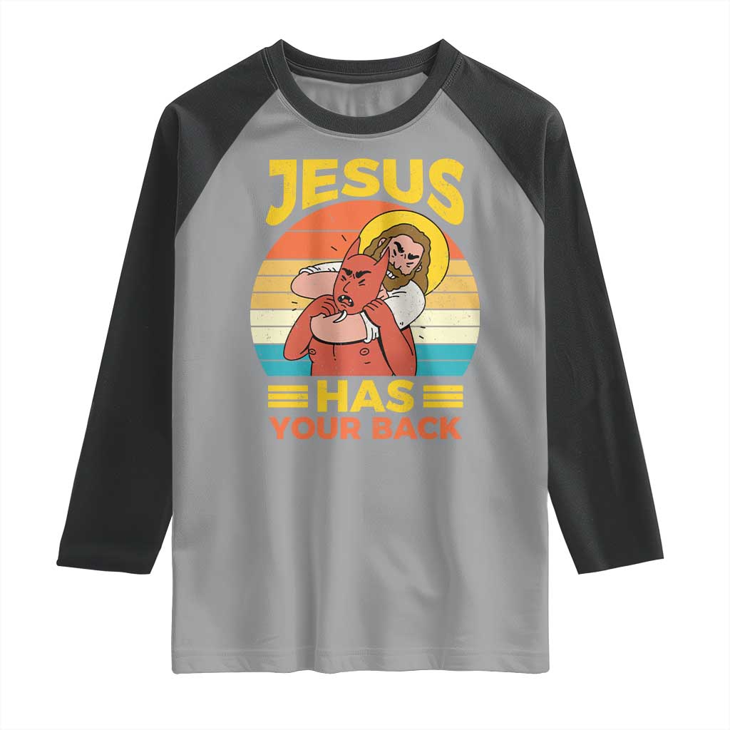 Funny Jesus Has Your Back Raglan Shirt Jiu Jitsu Retro Christian - Wonder Print Shop