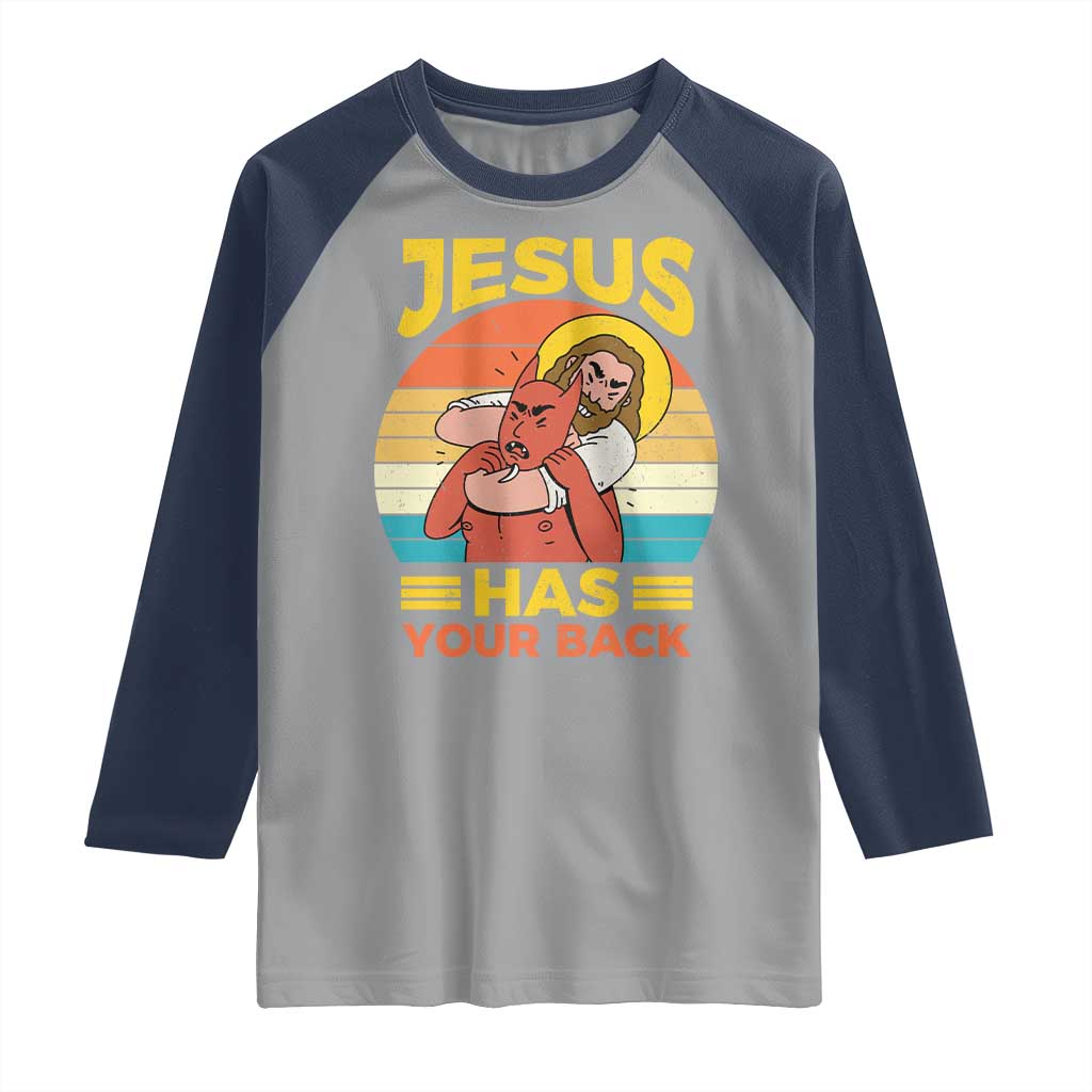 Funny Jesus Has Your Back Raglan Shirt Jiu Jitsu Retro Christian - Wonder Print Shop