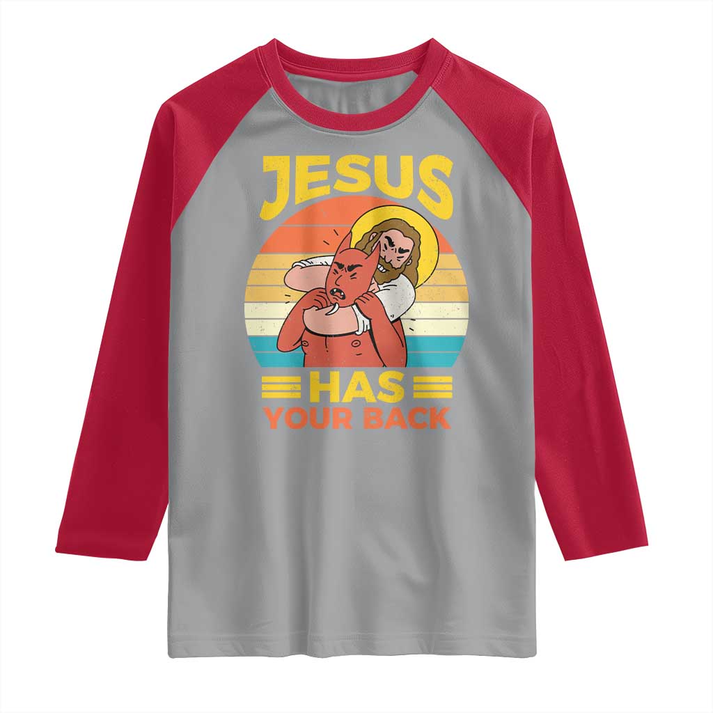 Funny Jesus Has Your Back Raglan Shirt Jiu Jitsu Retro Christian - Wonder Print Shop