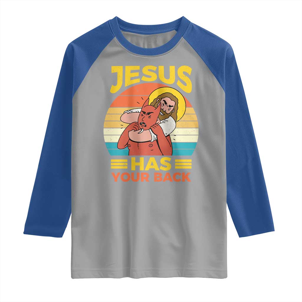 Funny Jesus Has Your Back Raglan Shirt Jiu Jitsu Retro Christian - Wonder Print Shop