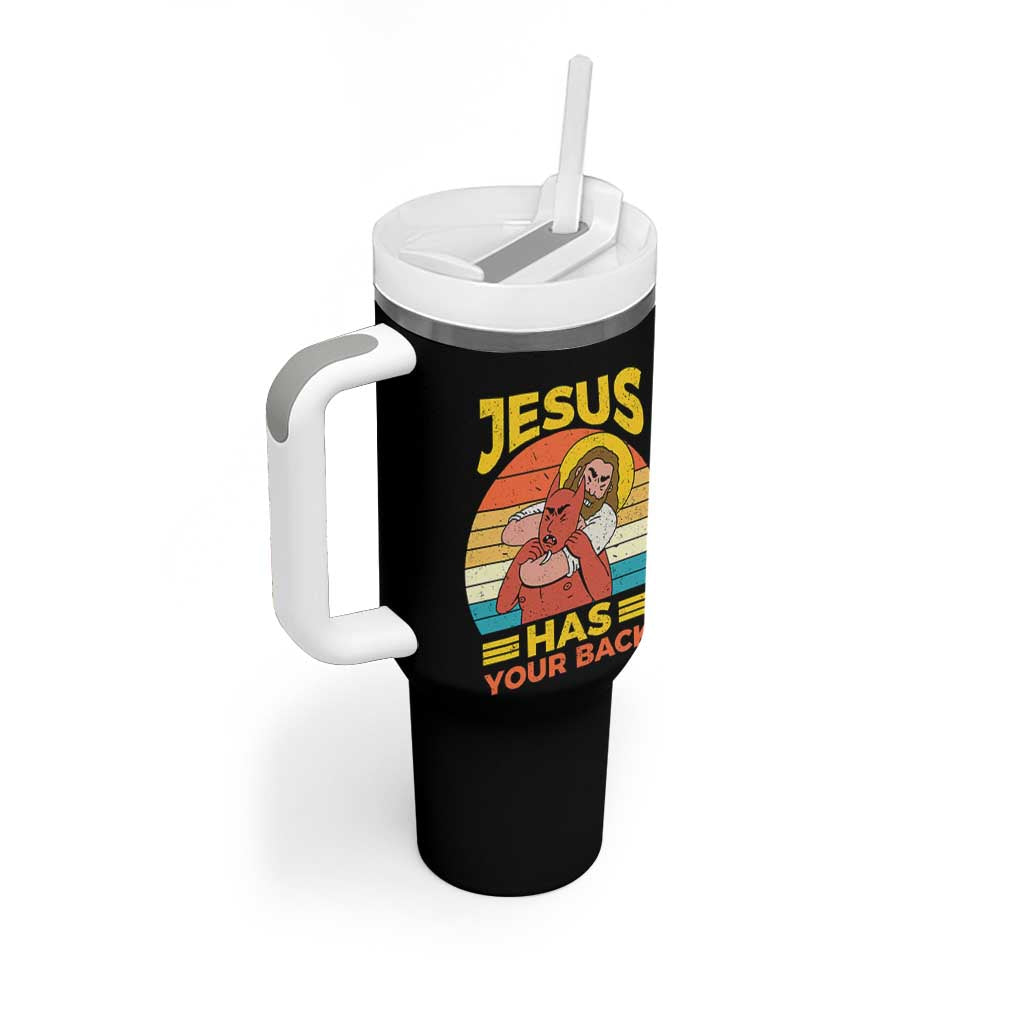 Funny Jesus Has Your Back Tumbler With Handle Jiu Jitsu Retro Christian - Wonder Print Shop