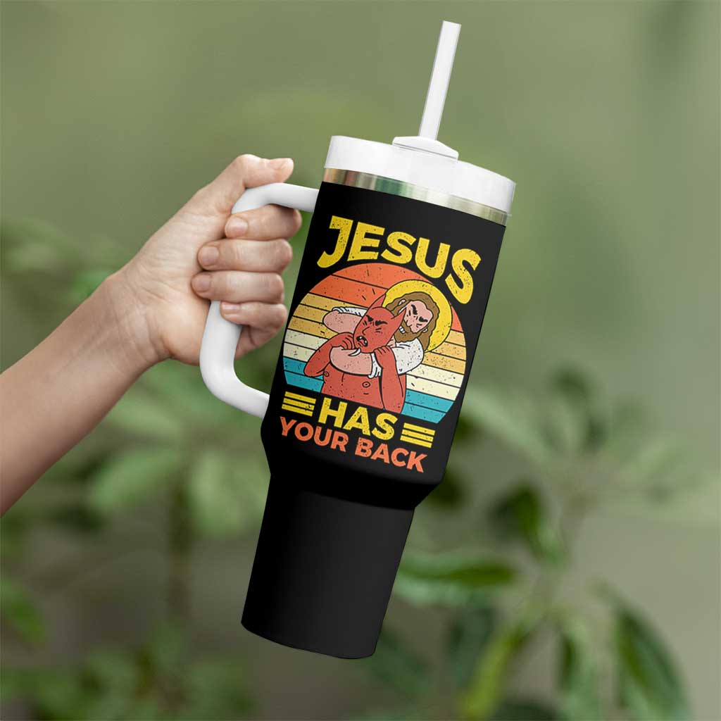 Funny Jesus Has Your Back Tumbler With Handle Jiu Jitsu Retro Christian - Wonder Print Shop