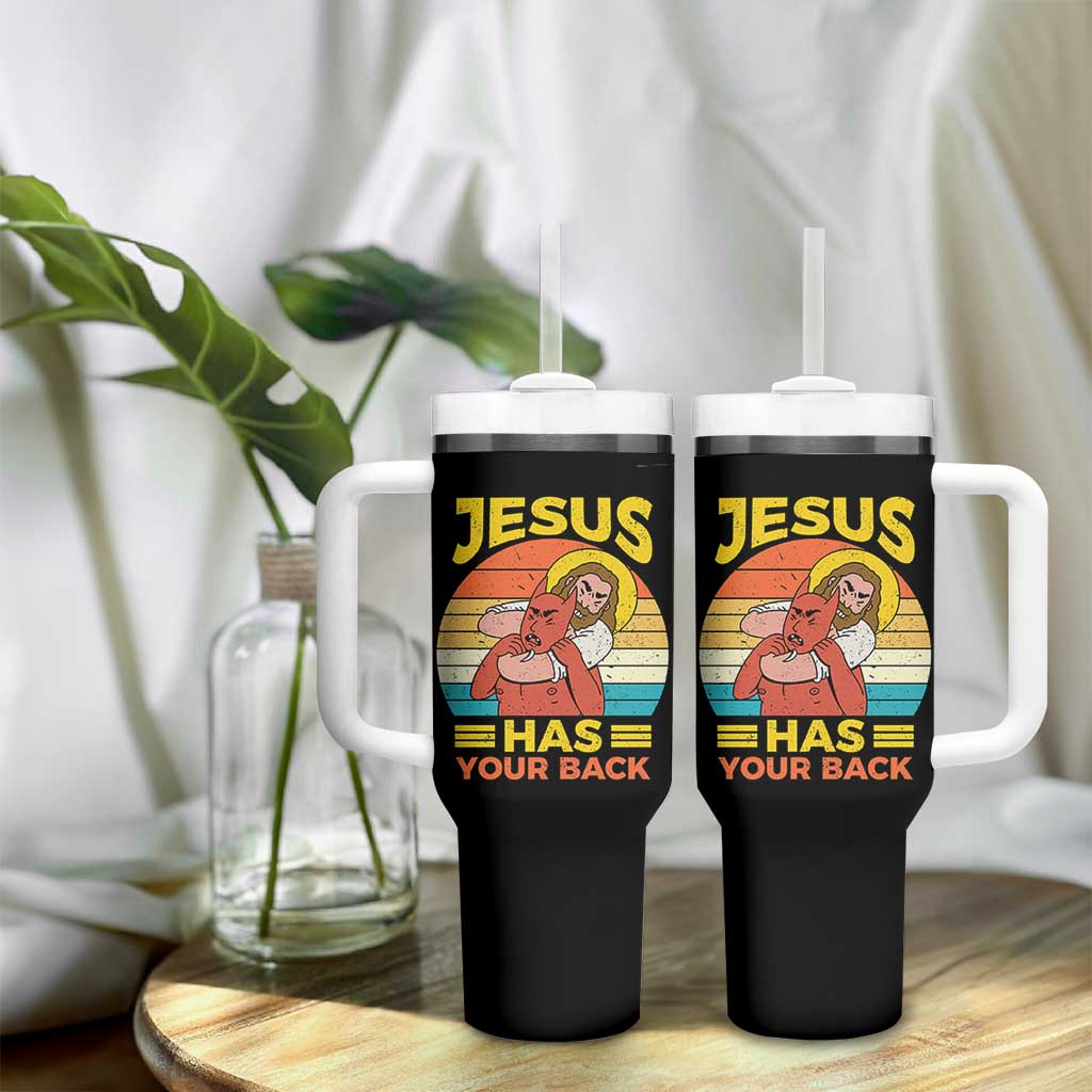 Funny Jesus Has Your Back Tumbler With Handle Jiu Jitsu Retro Christian - Wonder Print Shop