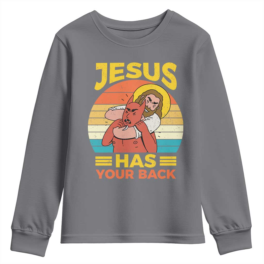 Funny Jesus Has Your Back Youth Sweatshirt Jiu Jitsu Retro Christian - Wonder Print Shop