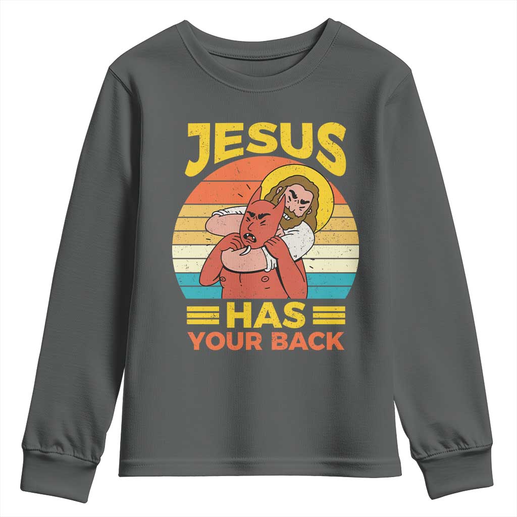 Funny Jesus Has Your Back Youth Sweatshirt Jiu Jitsu Retro Christian - Wonder Print Shop