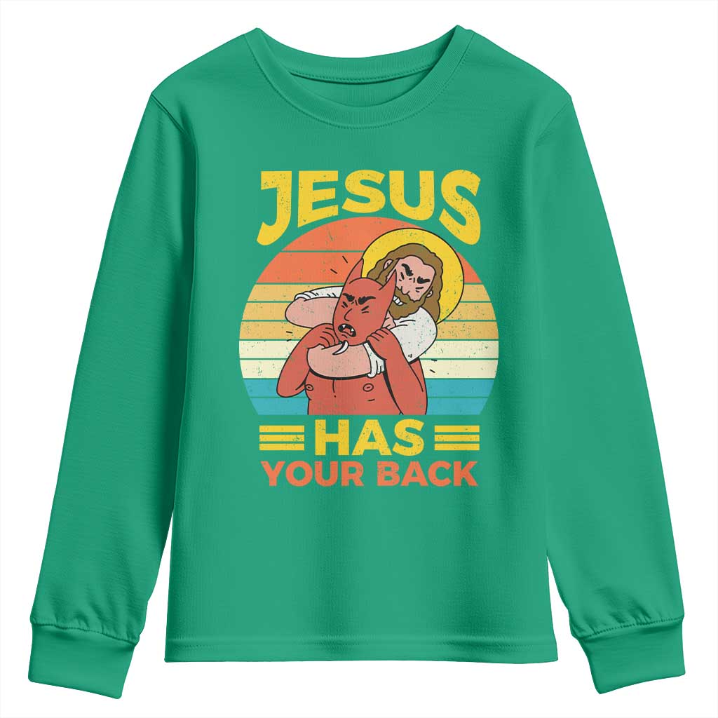 Funny Jesus Has Your Back Youth Sweatshirt Jiu Jitsu Retro Christian - Wonder Print Shop
