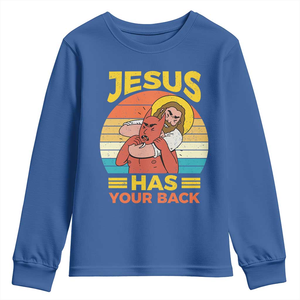 Funny Jesus Has Your Back Youth Sweatshirt Jiu Jitsu Retro Christian - Wonder Print Shop