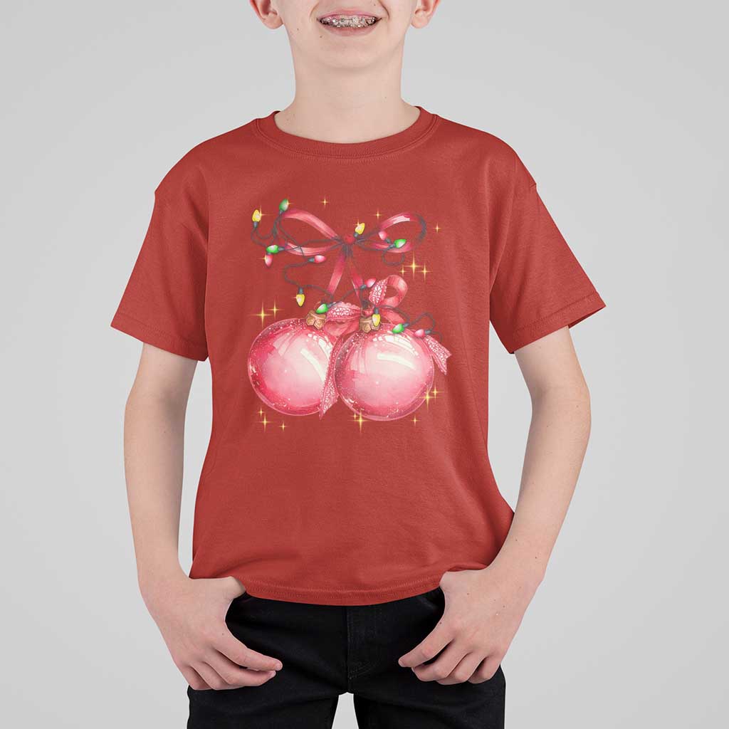 Christmas Coquette Pink Baubles Bow T Shirt For Kid - Wonder Print Shop