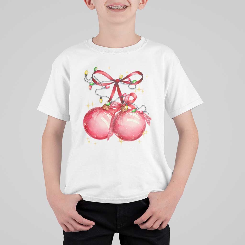 Christmas Coquette Pink Baubles Bow T Shirt For Kid - Wonder Print Shop