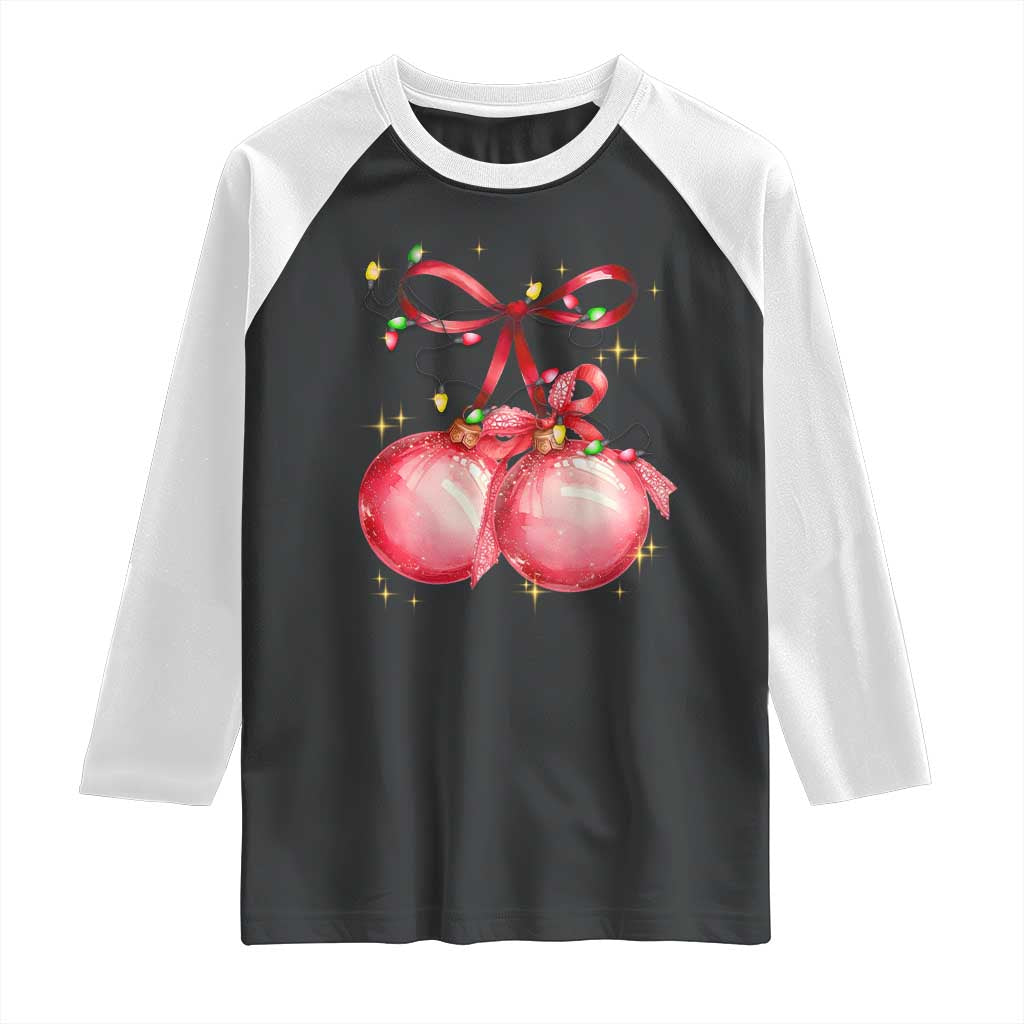 Christmas Coquette Pink Baubles Bow Raglan Shirt - Wonder Print Shop