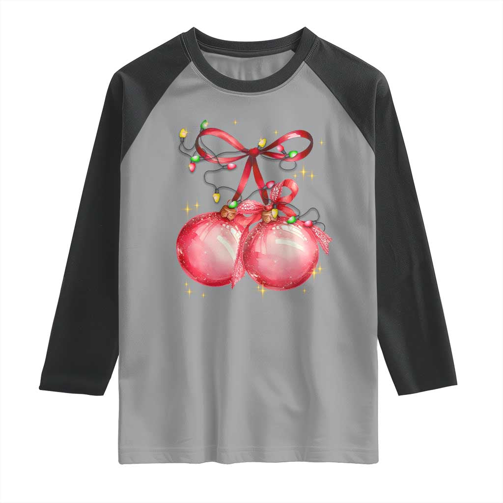 Christmas Coquette Pink Baubles Bow Raglan Shirt - Wonder Print Shop
