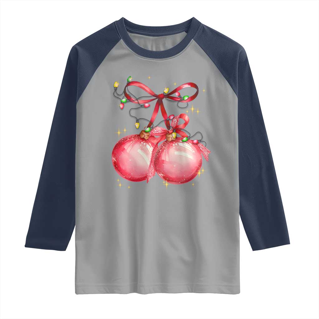 Christmas Coquette Pink Baubles Bow Raglan Shirt - Wonder Print Shop