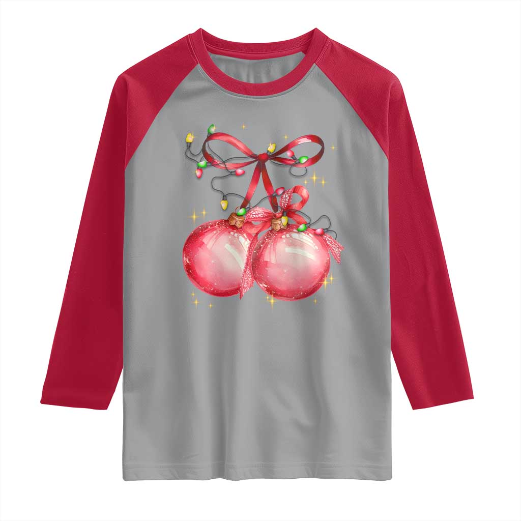 Christmas Coquette Pink Baubles Bow Raglan Shirt - Wonder Print Shop