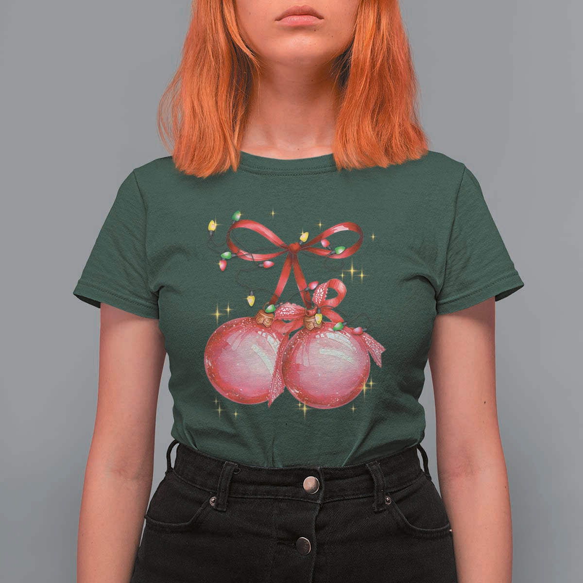 Christmas Coquette Pink Baubles Bow T Shirt For Women - Wonder Print Shop