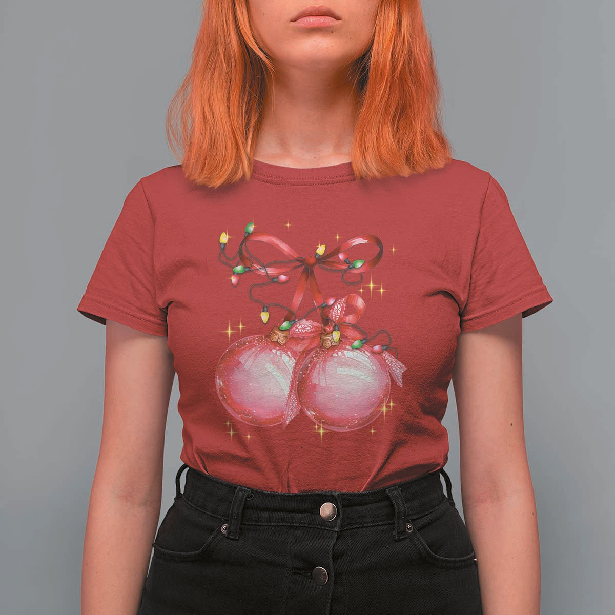 Christmas Coquette Pink Baubles Bow T Shirt For Women - Wonder Print Shop