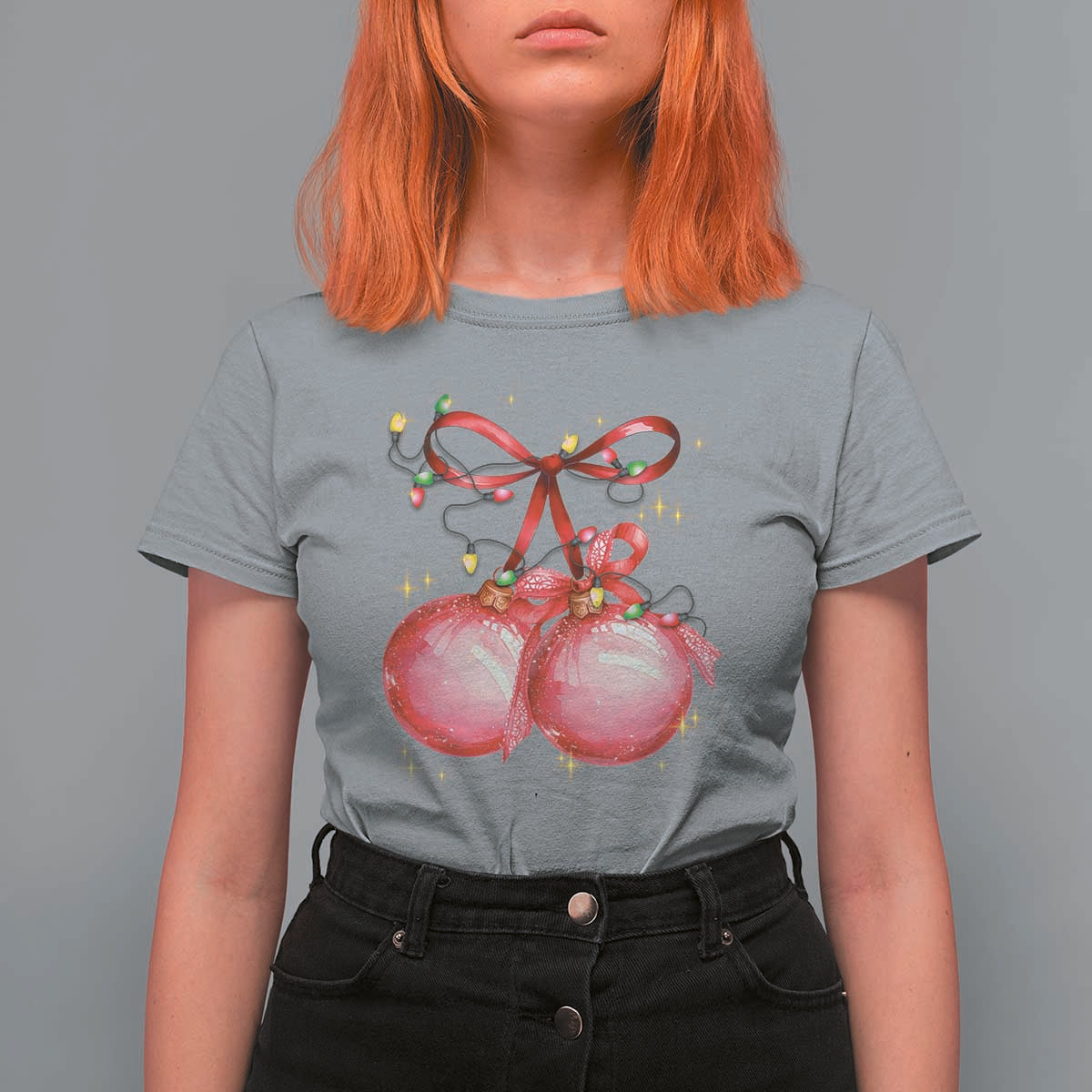 Christmas Coquette Pink Baubles Bow T Shirt For Women - Wonder Print Shop