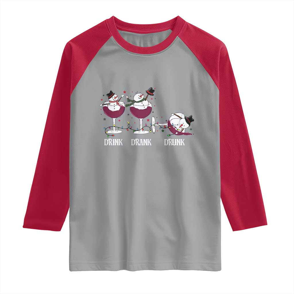Funny Christmas Wine Raglan Shirt Drink Drank Drunk Snowman Xmas - Wonder Print Shop