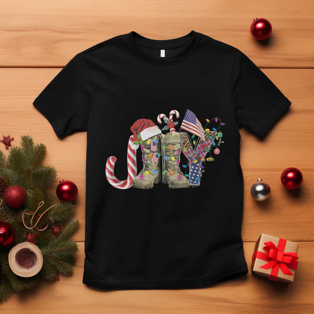 Christmas Veterans T Shirt Joy Candy Cane American Flag - Wonder Print Shop