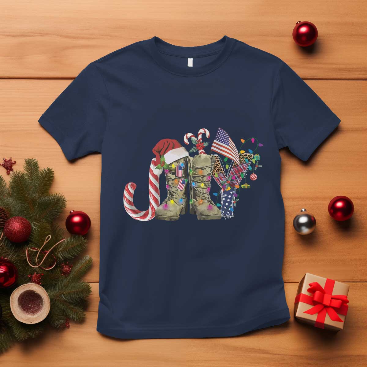 Christmas Veterans T Shirt Joy Candy Cane American Flag - Wonder Print Shop