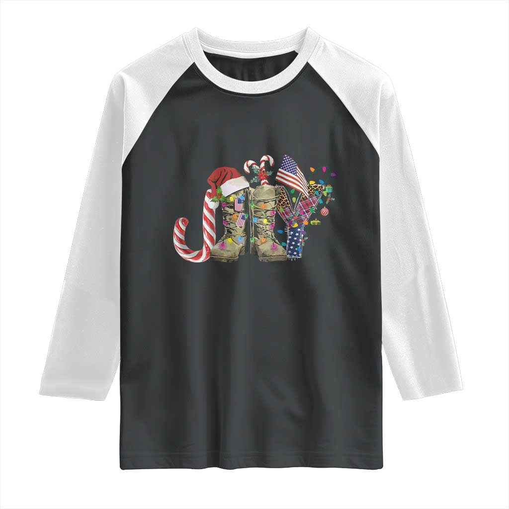 Christmas Veterans Raglan Shirt Joy Candy Cane American Flag - Wonder Print Shop