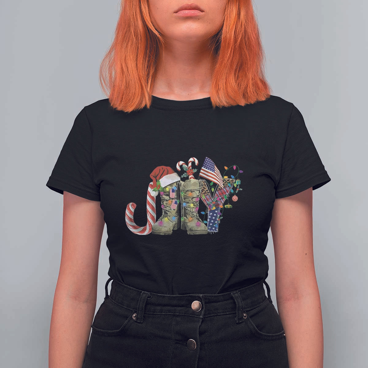 Christmas Veterans T Shirt For Women Joy Candy Cane American Flag - Wonder Print Shop