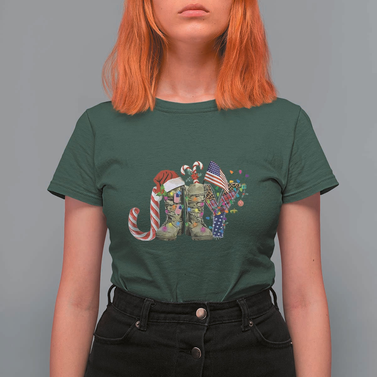 Christmas Veterans T Shirt For Women Joy Candy Cane American Flag - Wonder Print Shop