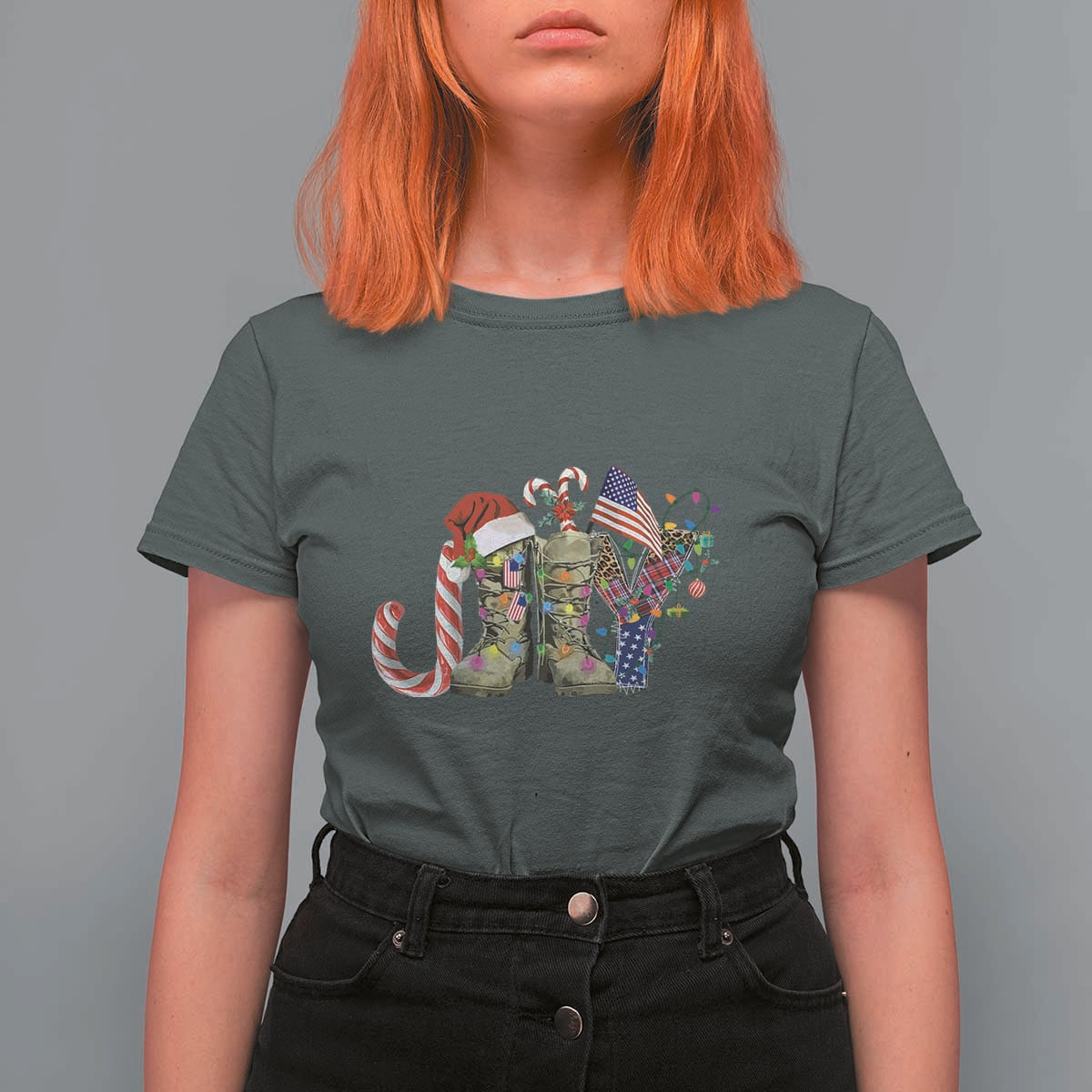 Christmas Veterans T Shirt For Women Joy Candy Cane American Flag - Wonder Print Shop