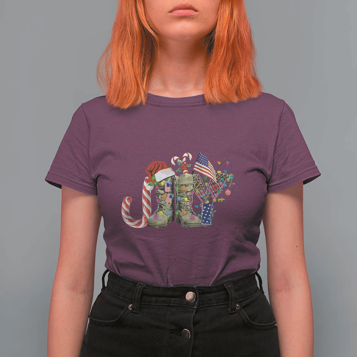 Christmas Veterans T Shirt For Women Joy Candy Cane American Flag - Wonder Print Shop