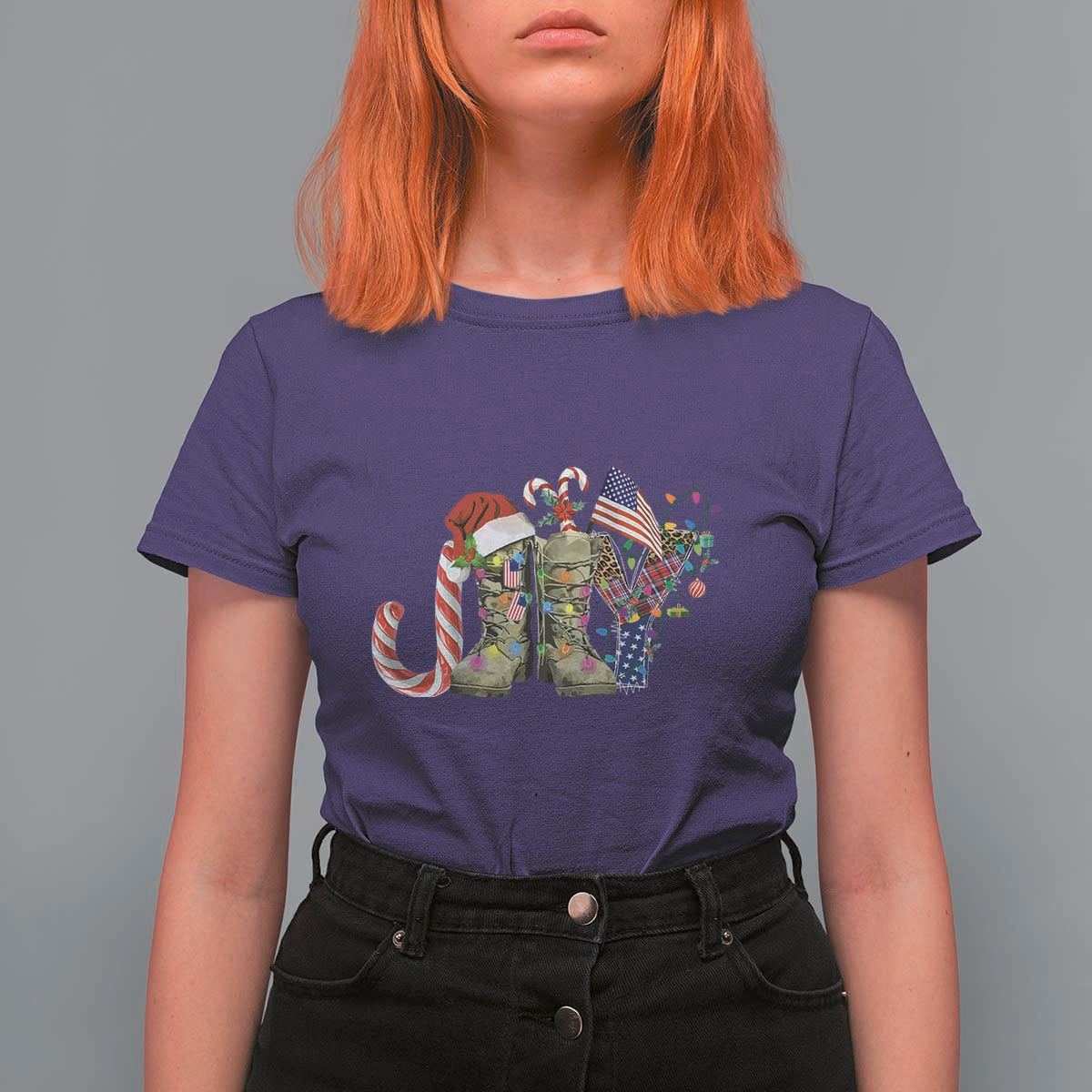 Christmas Veterans T Shirt For Women Joy Candy Cane American Flag - Wonder Print Shop
