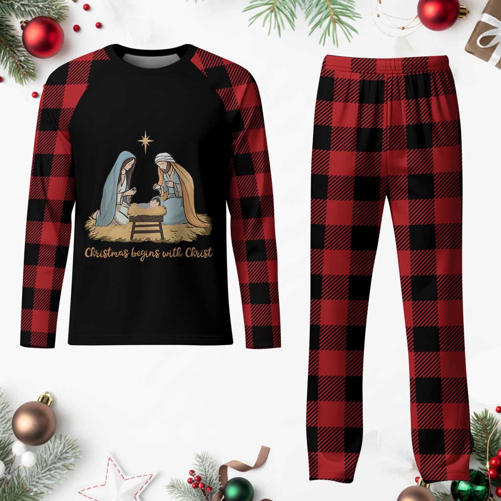 Christmas Begins With Christ Plaid Pajama Set Christian Xmas Nativity Scene - Wonder Print Shop